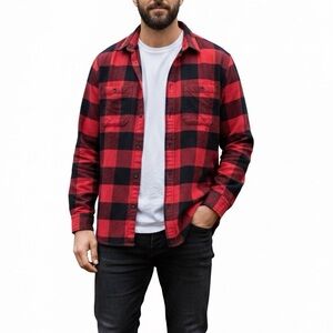 H&M Men’s Flannel Butrón-Down Shirt, Long Sleeve, Red and Black Check with
